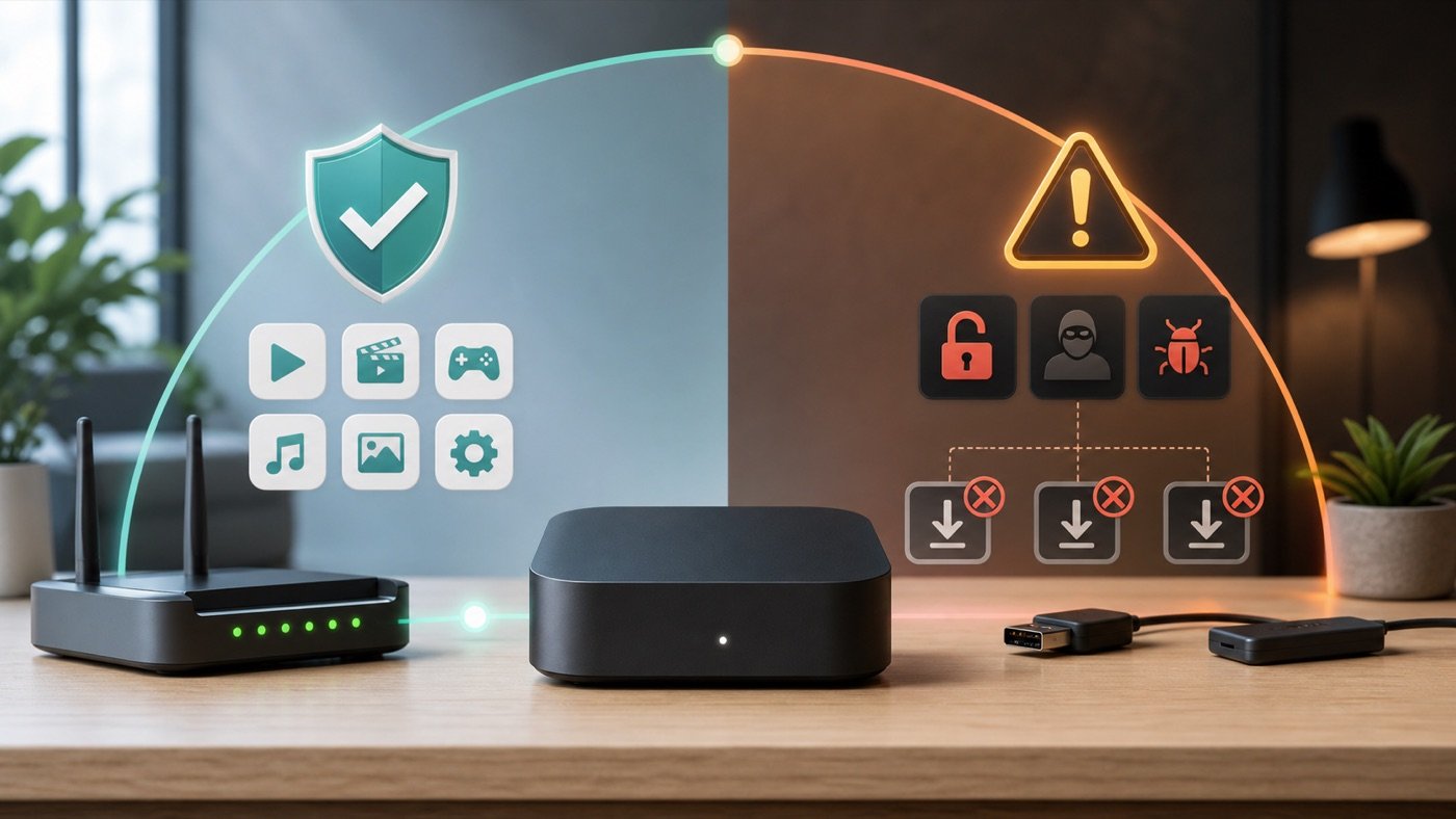 Safe setup versus risky unlock paths for a generic Android TV box