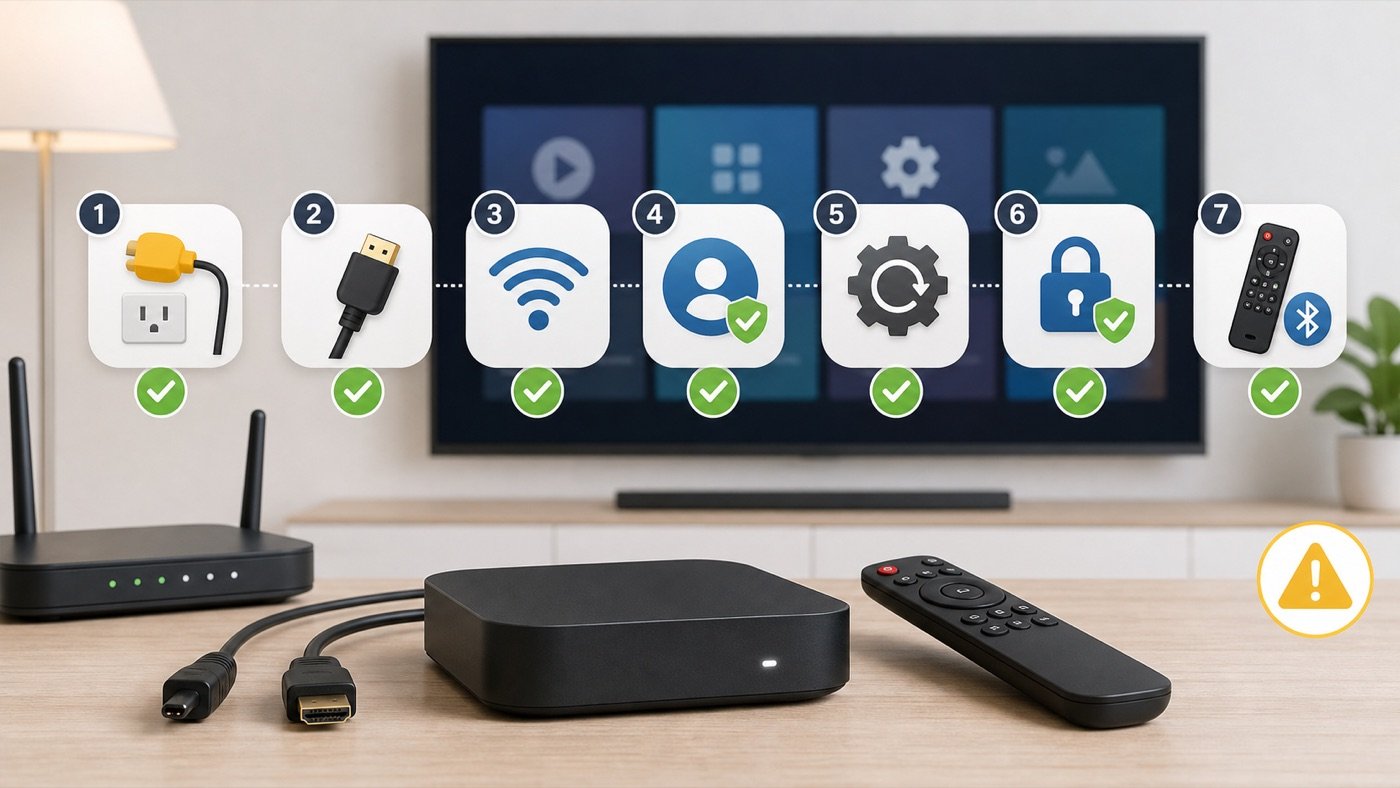 SuperBox setup checklist for power HDMI Wi-Fi account updates security and remote pairing